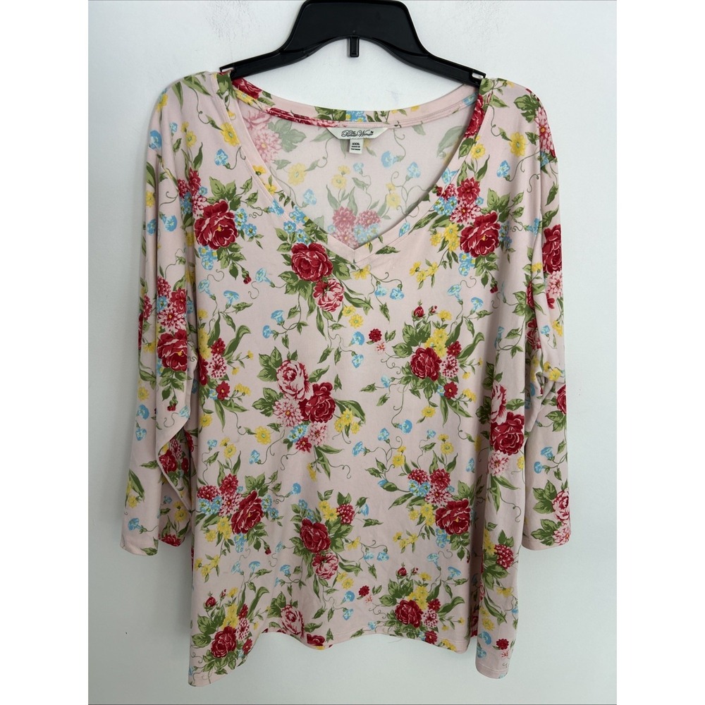 Pioneer Woman XXXL Blouse 3/4 Sleeves V Neck  Rose Floral‎ Pink Top